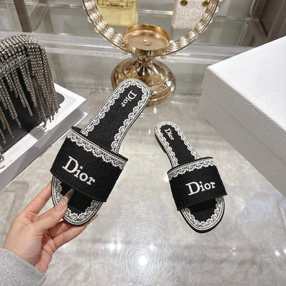 CD 26 Embroidered Sandals Black White Canvas 592246