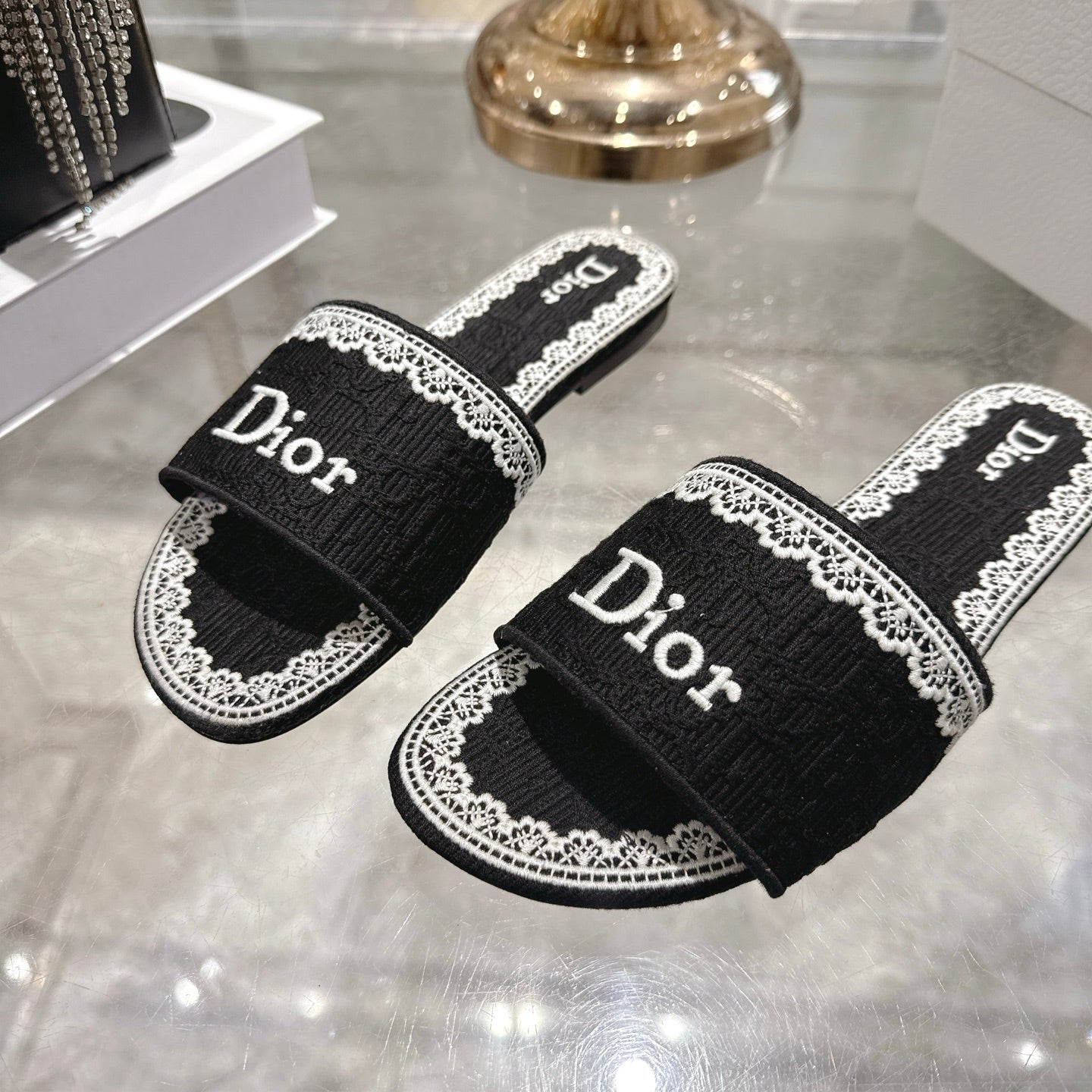 CD 26 Embroidered Sandals Black White Canvas 592246