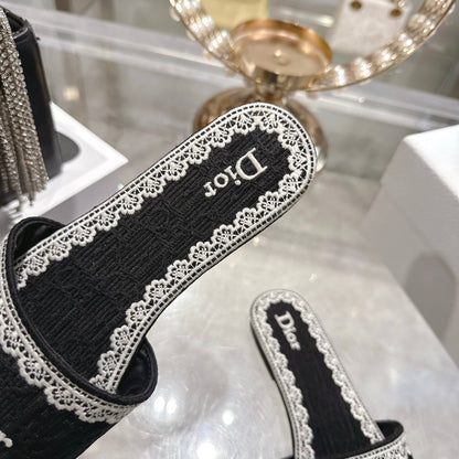 CD 26 Embroidered Sandals Black White Canvas 592246