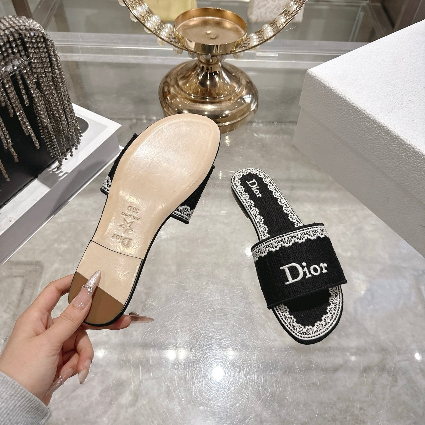 CD 26 Embroidered Sandals Black White Canvas 592246