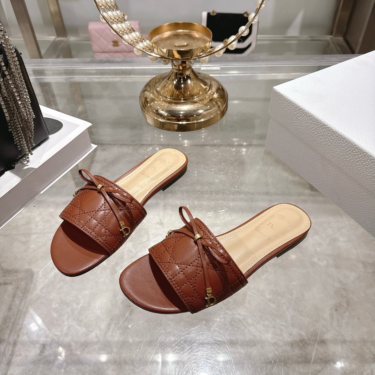 CD 26 Embroidered Slippers Brown Beige  Sheepskin 679667