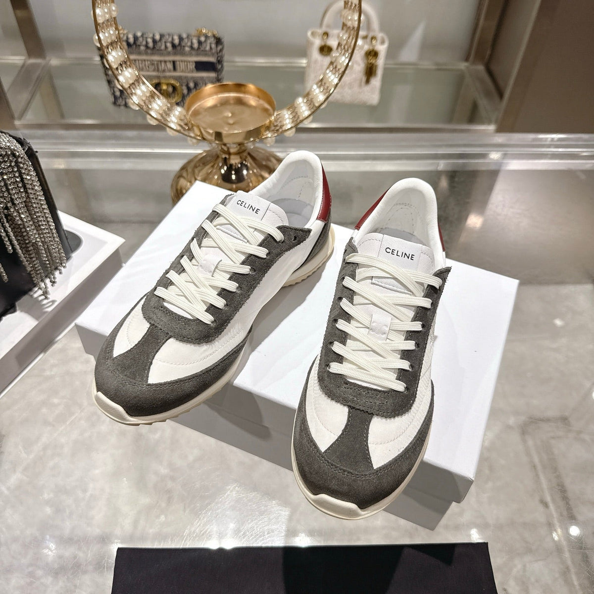 Celine Racer Sneaker Taupe White Suede Fabric 679822