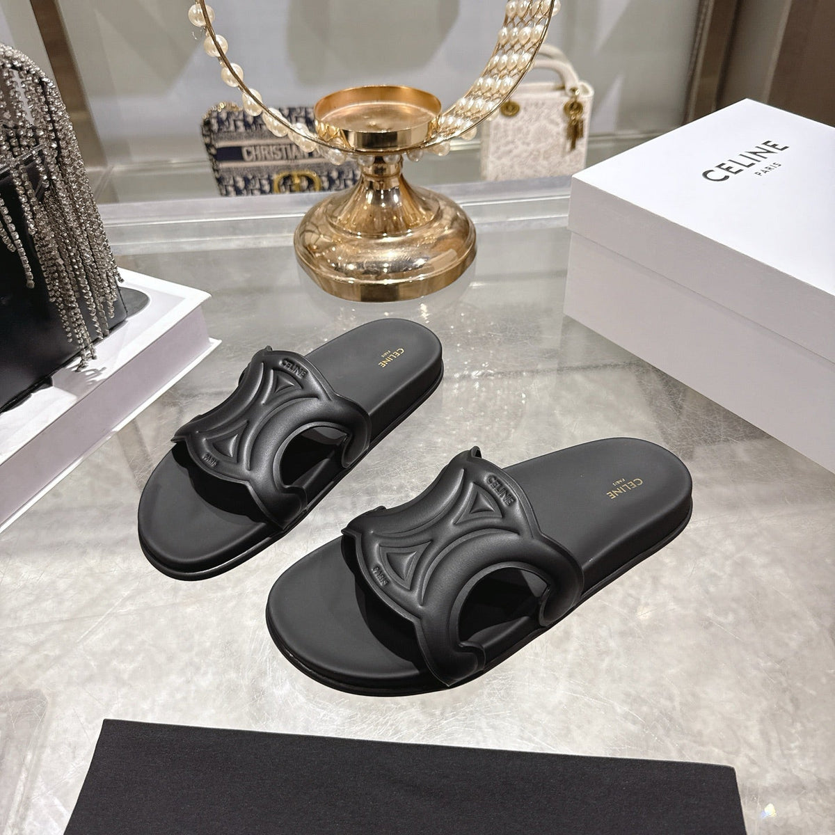 Celine 26s Triomphe Slide Black Sheepskin 679833