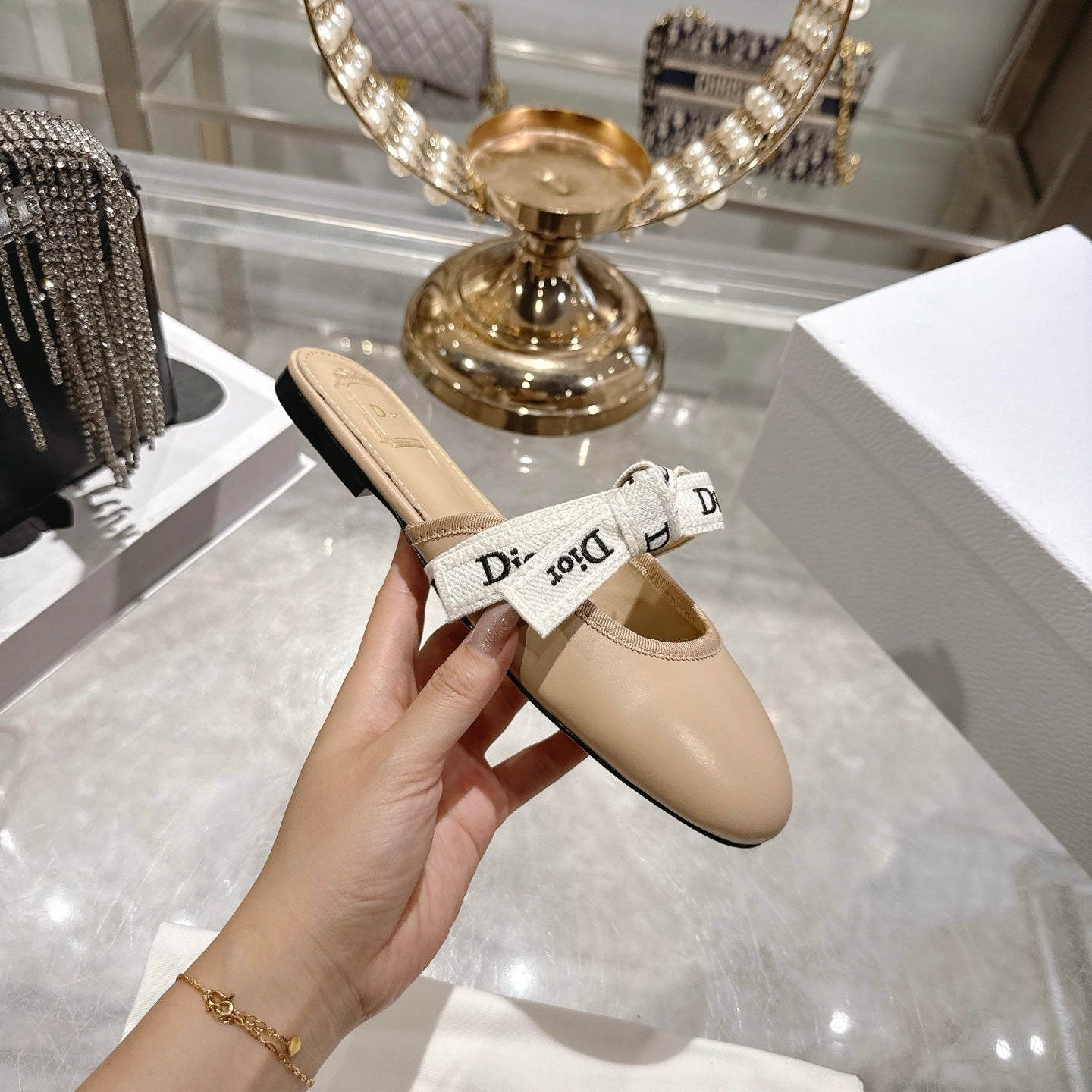 CD 26 Bow Flat Mules Embroidered Sheepskin