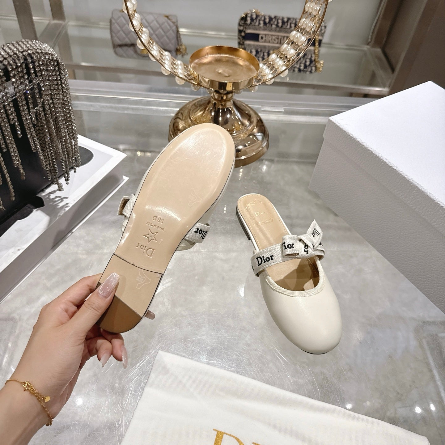 CD 26 Bow Flat Mules Embroidered Sheepskin