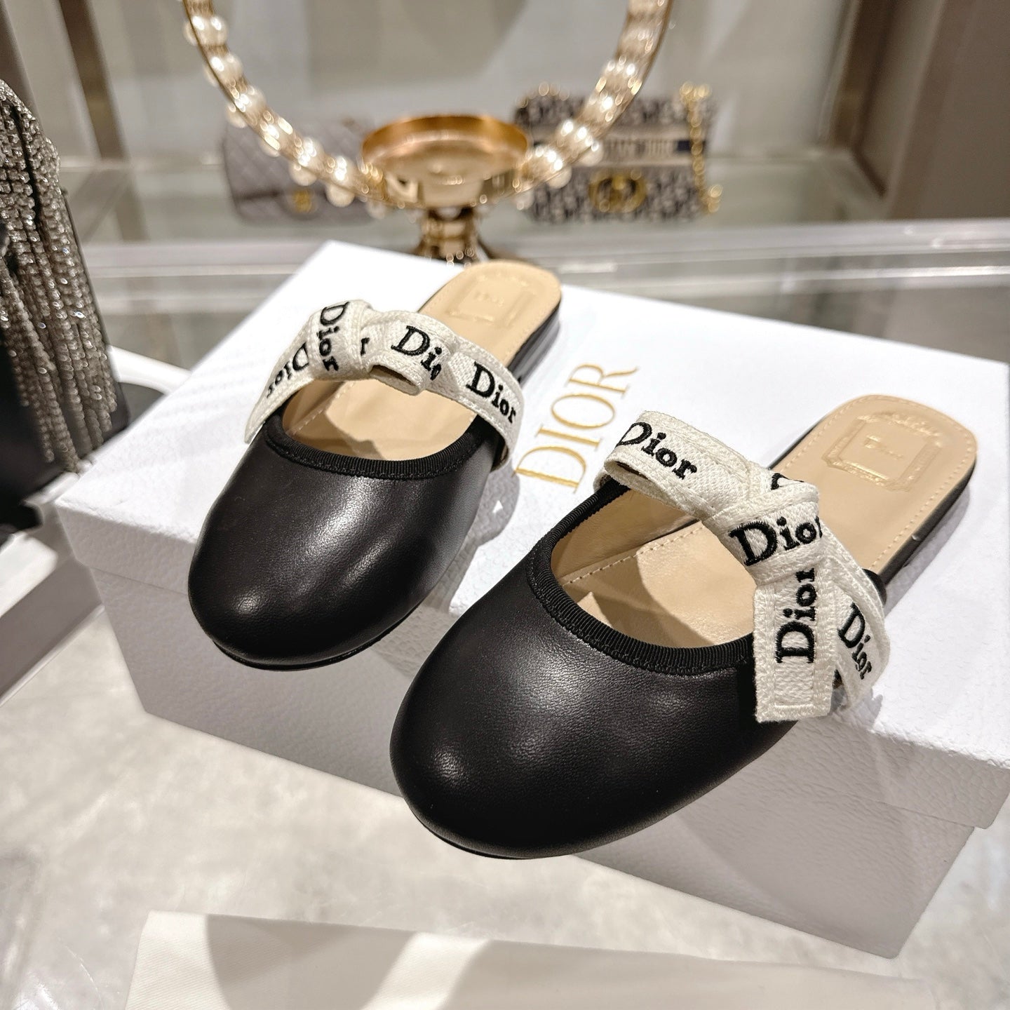CD 26 Bow Flat Mules Embroidered Sheepskin