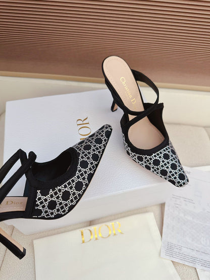 CD 26 High Heel Mule 95 Black Beige Mesh Fabric Sheepskin 614895