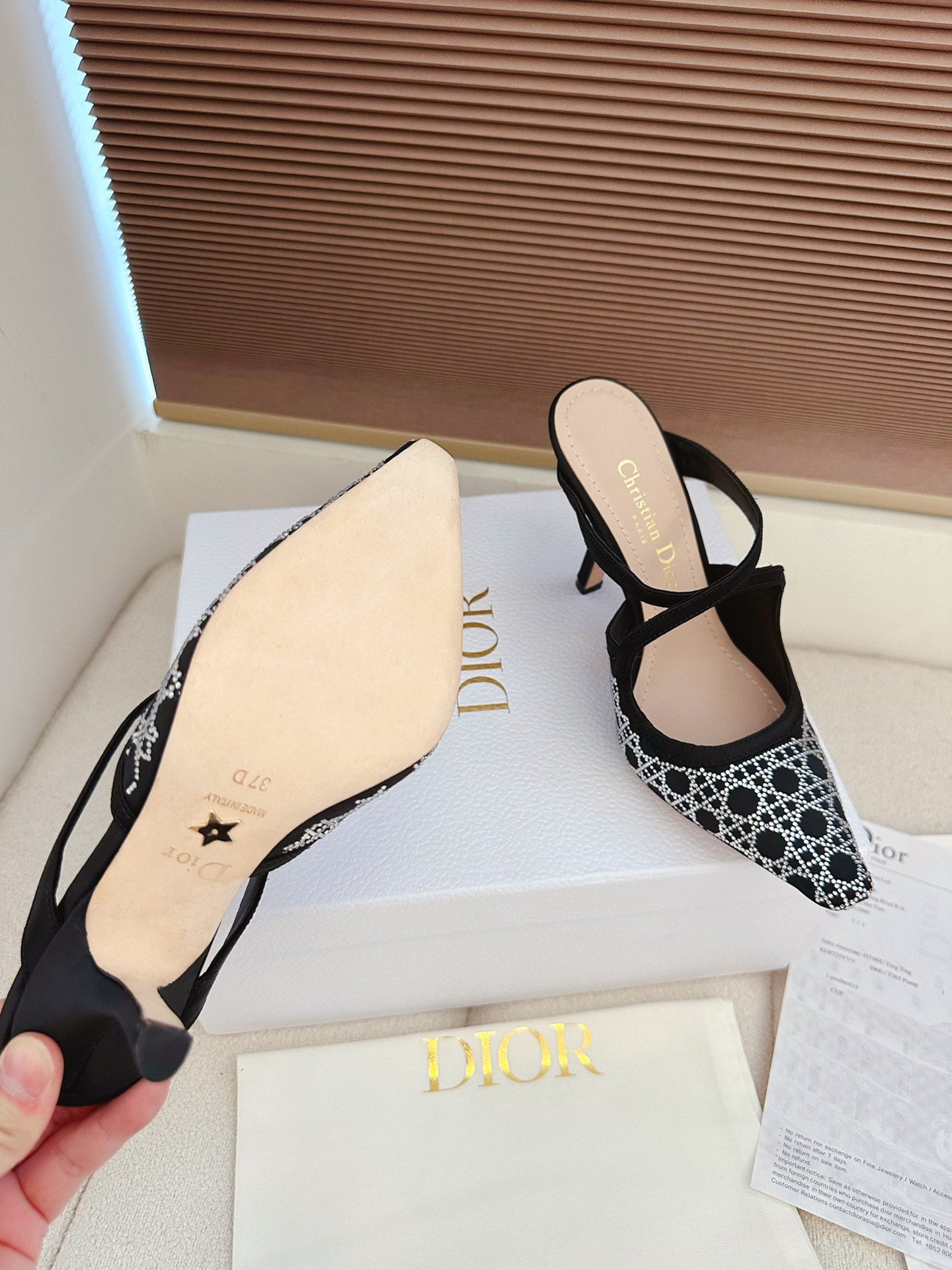 CD 26 High Heel Mule 95 Black Beige Mesh Fabric Sheepskin 614895