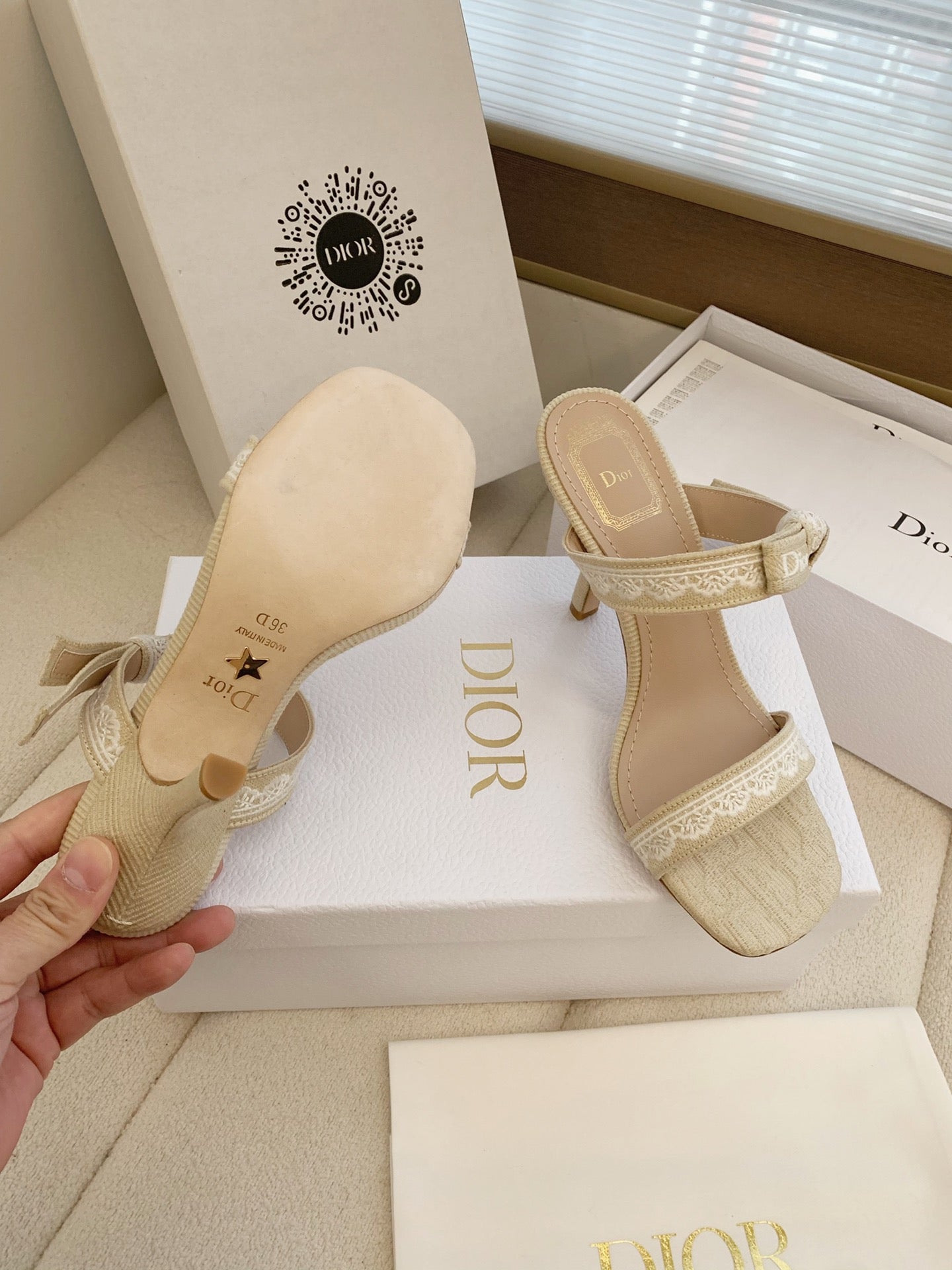 CD 26s High Heel Sandal 100 Beige Canvas Sheepskin  664179