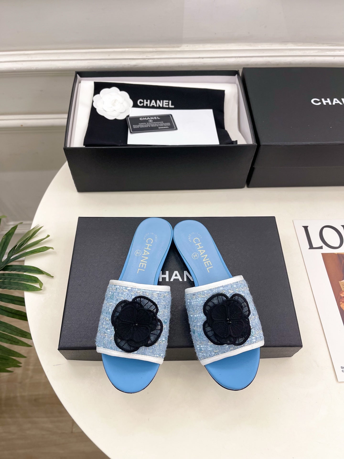 Chanel 2026 Camellia Flat Slippers Leather Sheepskin Tweed 831467