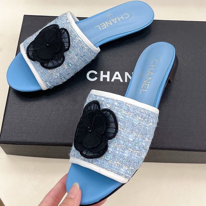 Chanel 2026 Camellia Flat Slippers Leather Sheepskin Tweed 831467