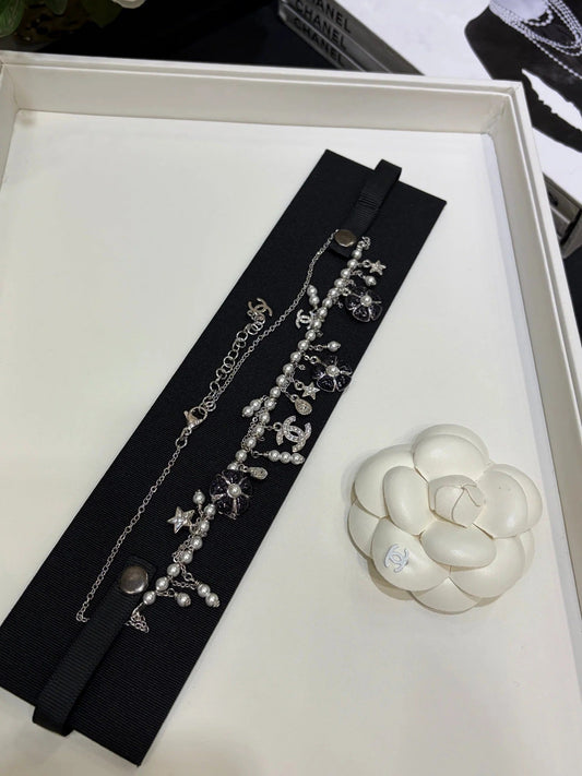 Chanel 2026 Silver Double C Black Flower Pearl Tassel Necklace