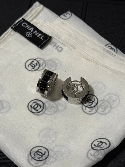 Chanel 2026 Black Square Diamond Silver Double C Hoop Earrings Stud Earrings