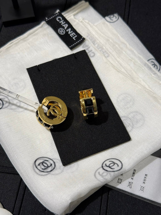Chanel 2026 Black Square Diamond Gold Double C Hoop Earrings Stud Earrings
