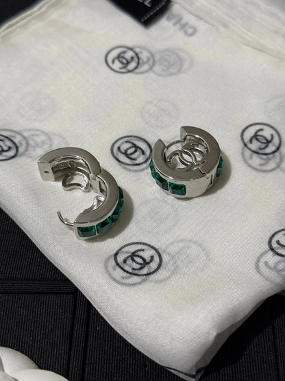 Chanel 2026 Emerald Square Diamond Silver Double C Hoop Earrings Stud Earrings