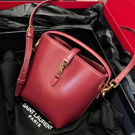 YSL Mini Bucket Bag 15 Dark Red Calfskin Leather