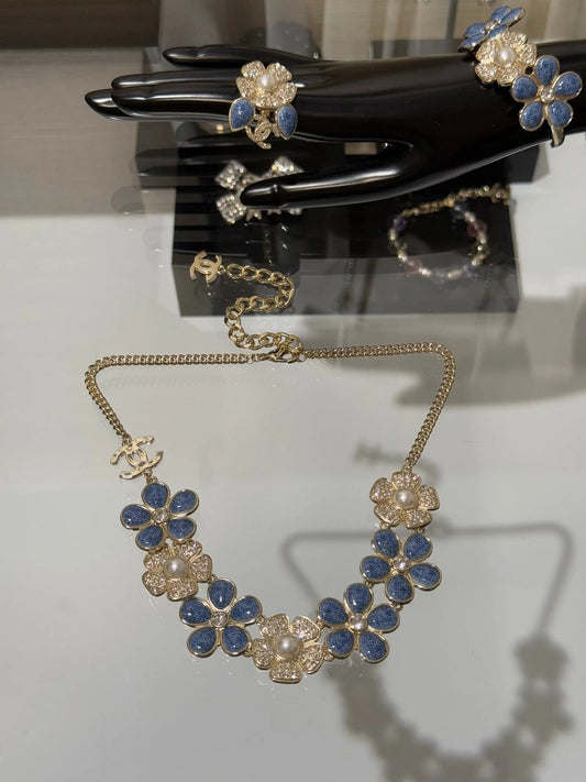Chanel 2026 Denim Enamel Crystal Light Gold Double C Full Diamond Flower Pearl Necklace
