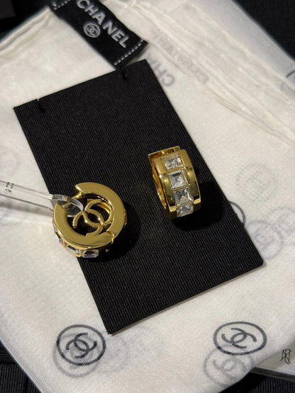 Chanel 2026 White Square Diamond Gold Double C Hoop Earrings Stud Earrings