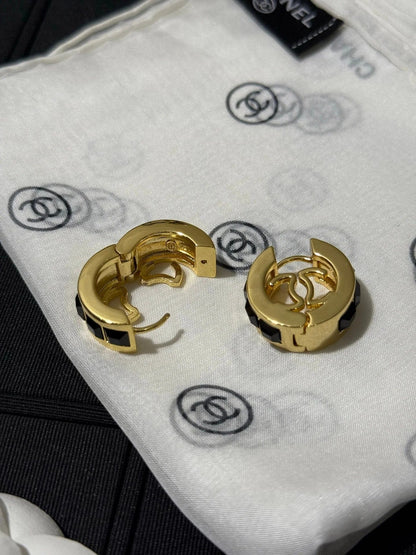 Chanel 2026 Black Square Diamond Gold Double C Hoop Earrings Stud Earrings