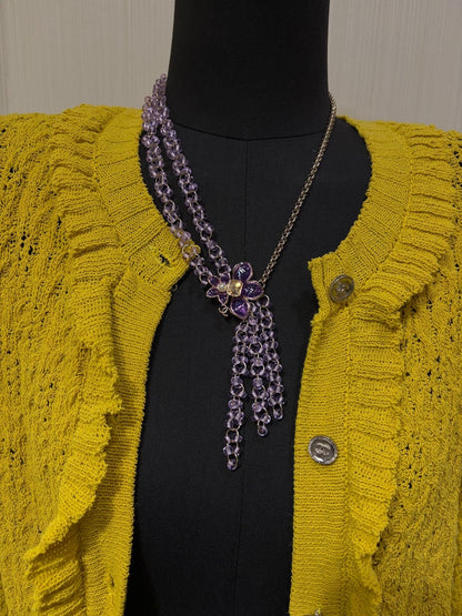 Chanel 2026 Double C Light Purple Beaded Asymmetrical Flower Necklace