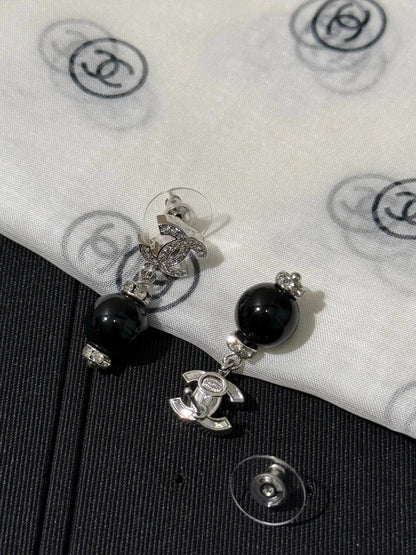 Chanel 2026 Silver Full Diamond Double C Black Bead Earrings