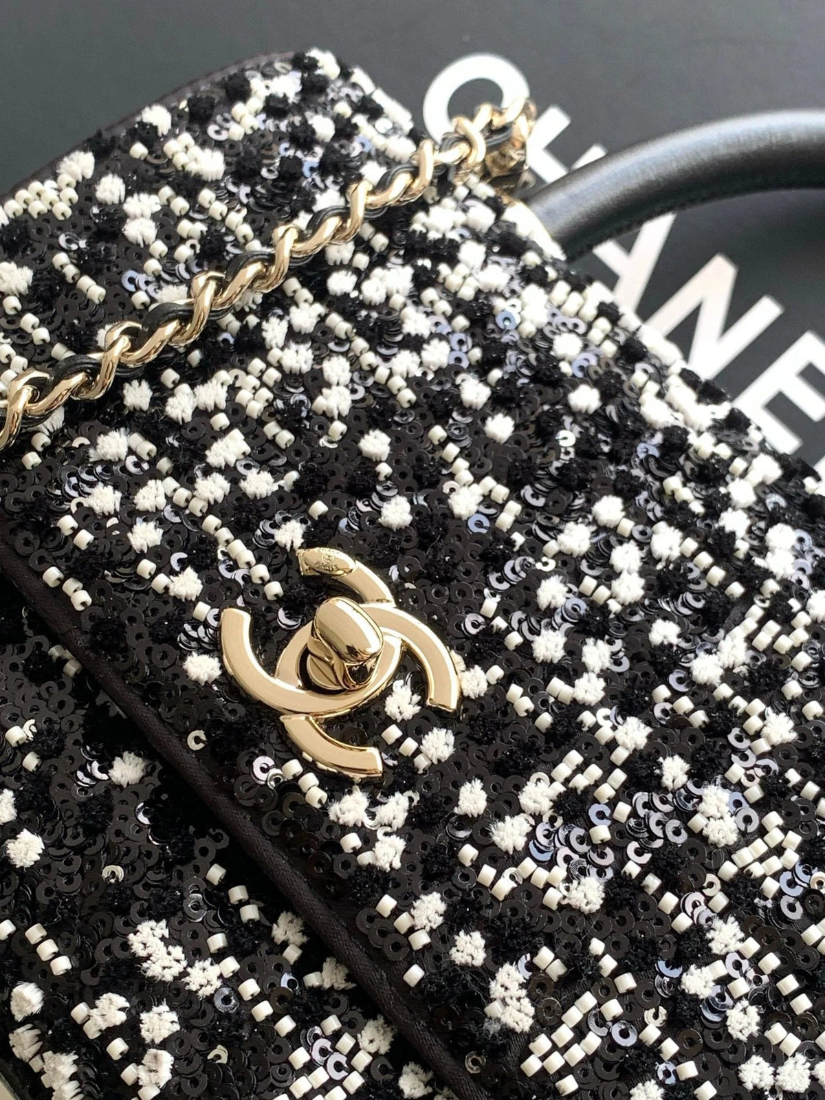 CC 2026 Top Handle Bag 19cm Black White Sequin Leather
