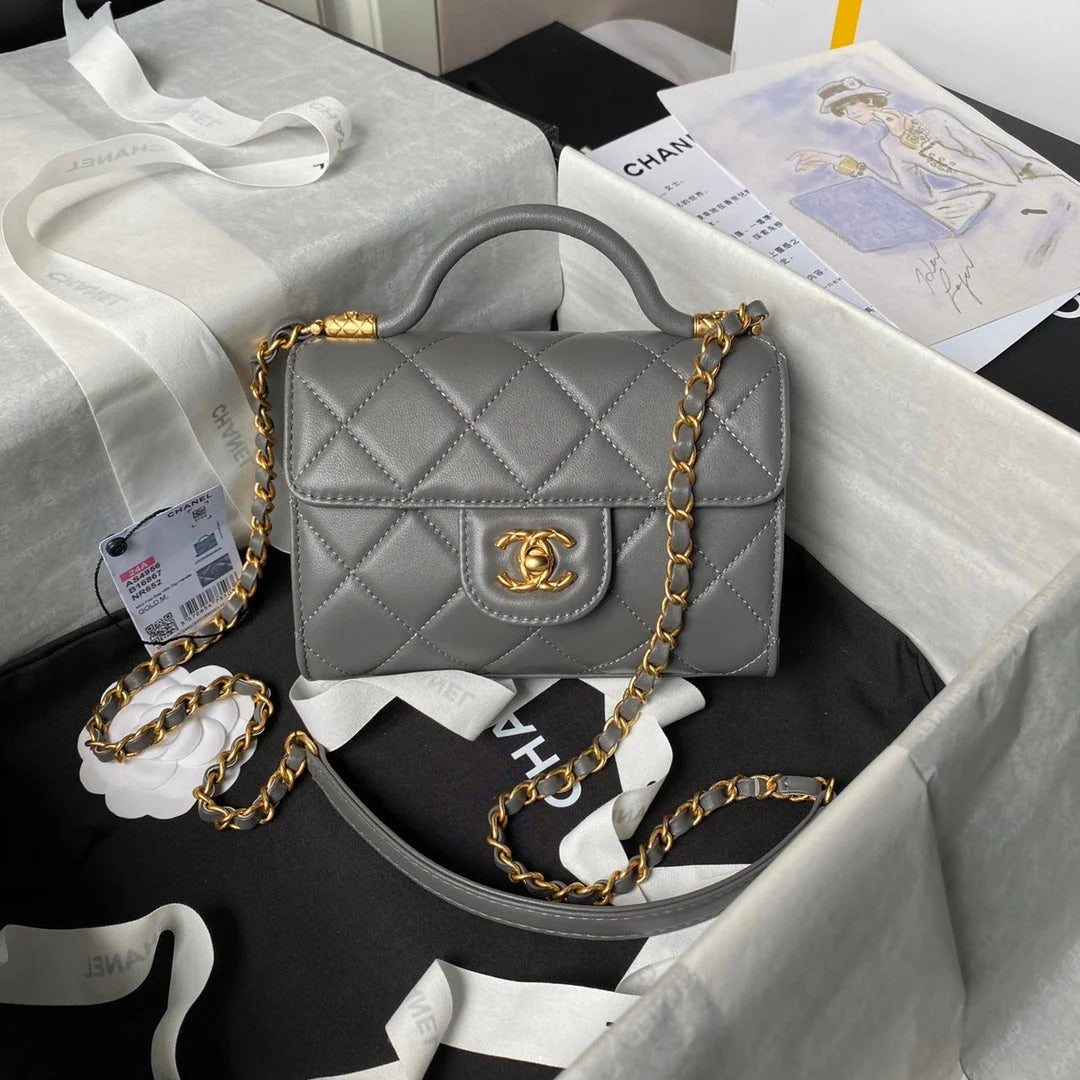 CC  25S FLAP BAG 18 CM IN DARK GREY LAMBSKIN WITH TOP HANDLE