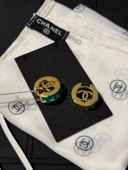 Chanel 2026 Emerald Square Diamond Gold Double C Hoop Earrings Stud Earrings