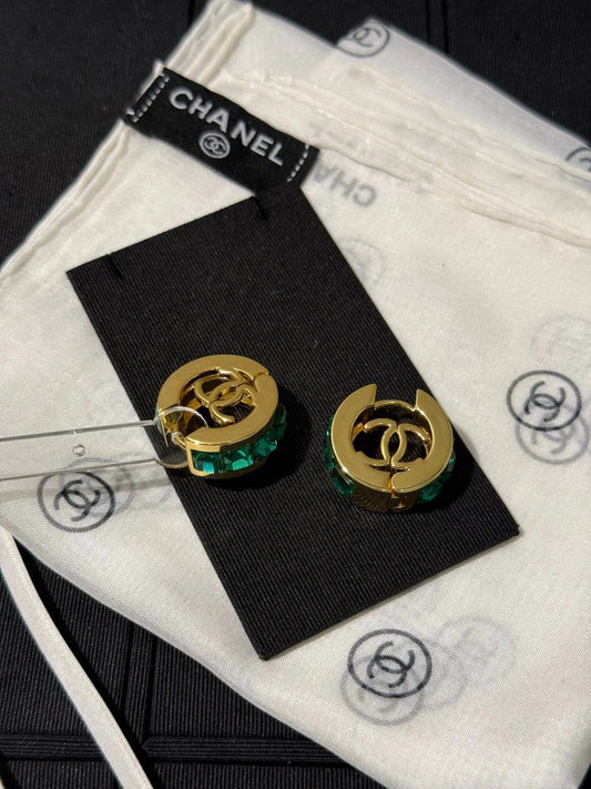 Chanel 2026 Emerald Square Diamond Gold Double C Hoop Earrings Stud Earrings