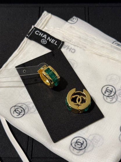Chanel 2026 Emerald Square Diamond Gold Double C Hoop Earrings Stud Earrings