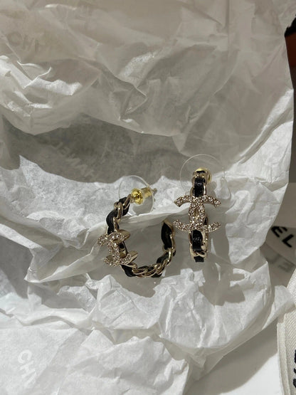 CC Half Circle Gold Black Leather Earrings