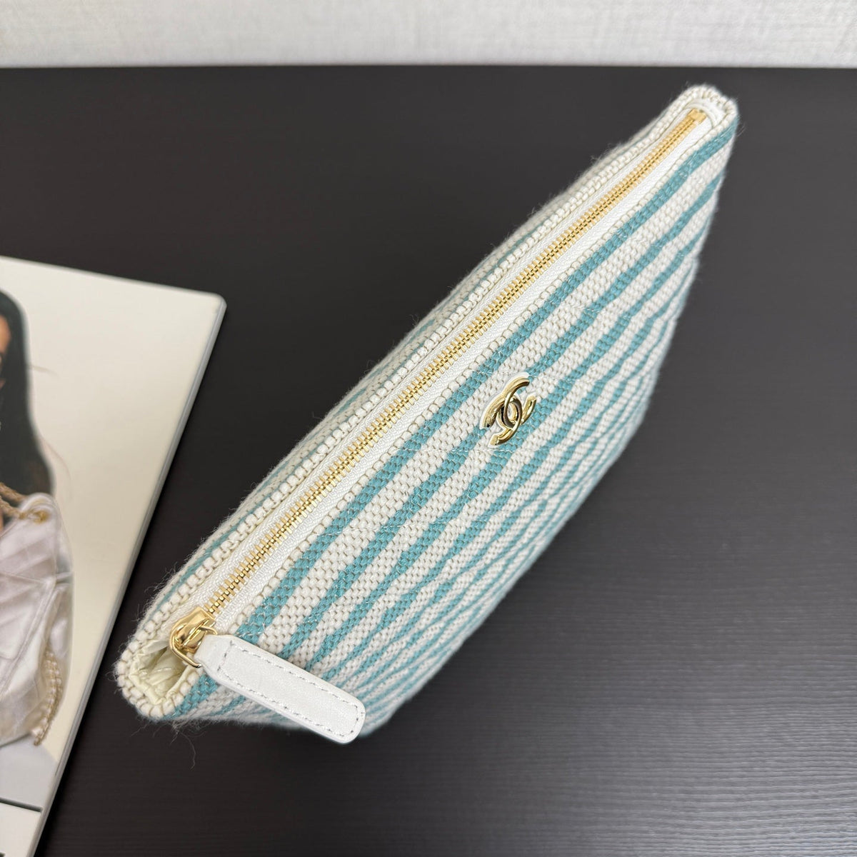 Chanel 26 Woven Clutch 19 White Light Blue Canvas