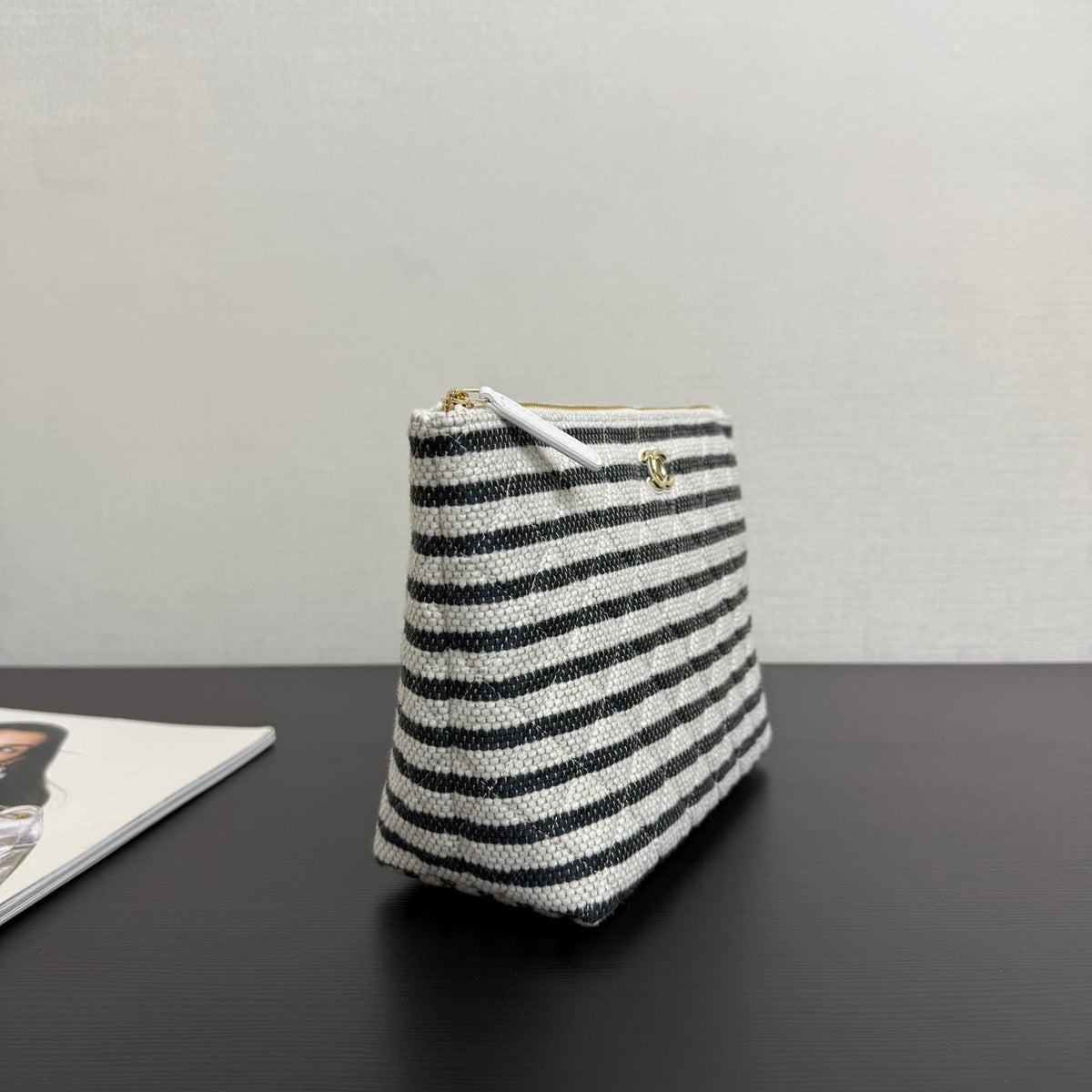 Chanel 26 Woven Clutch 19 White Black Canvas
