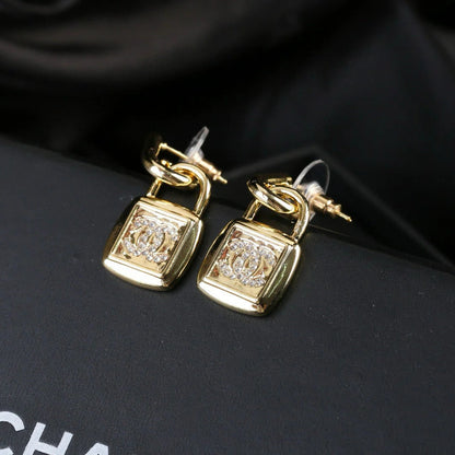 CC Lock Shaped Gold Diamond Earring