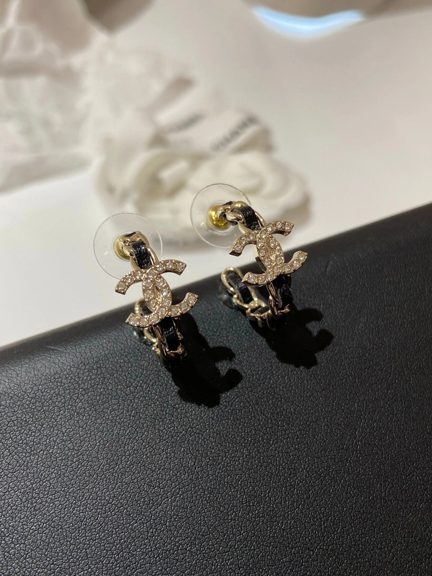 CC Half Circle Gold Black Leather Earrings